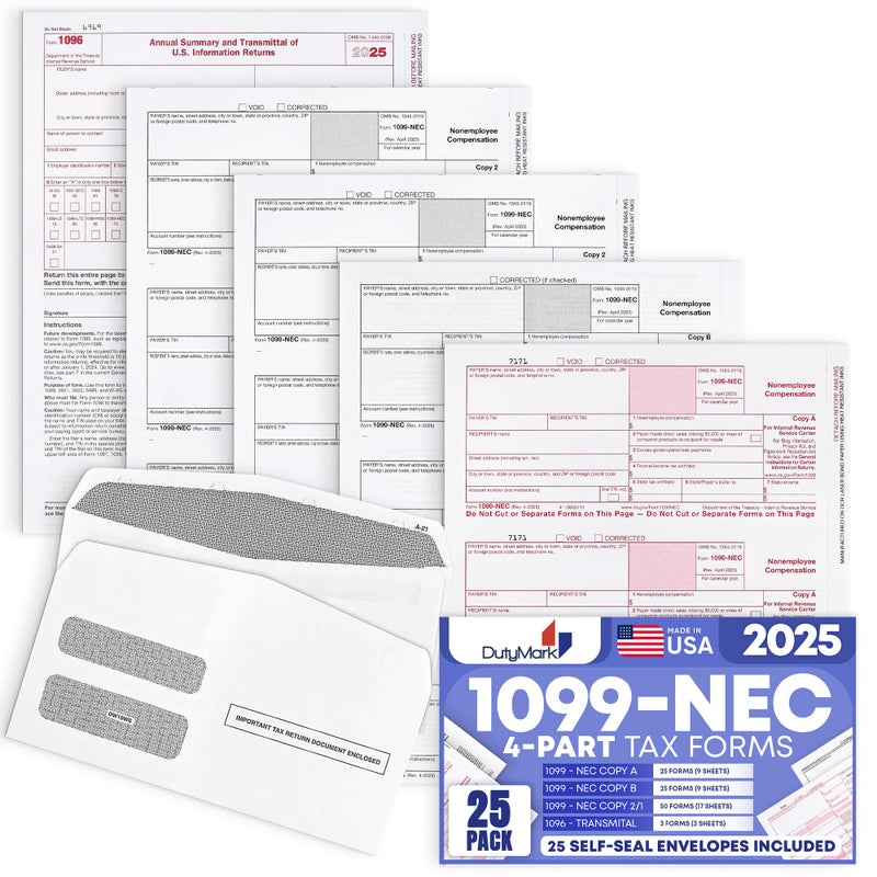 Dutymark 1099 NEC Forms 2025 for 25 Recipients 4 Part Laser Tax Forms Kit, 3 1096 Forms, 25 Security Self Seal Envelopes, Compatible with QuickBooks and Accounting Software, 2025 1099 NEC - Image 1